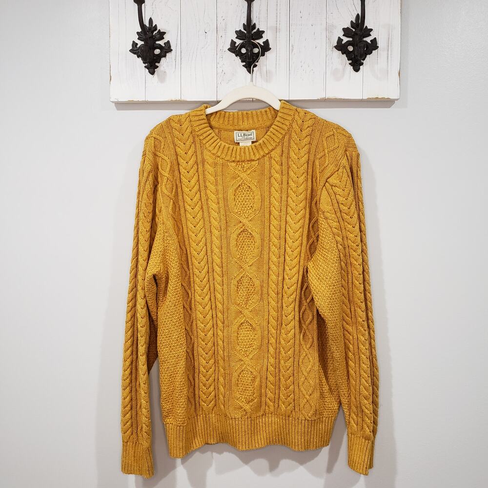 L.L.Bean Mustard Cable Knit Cotton Sweater L